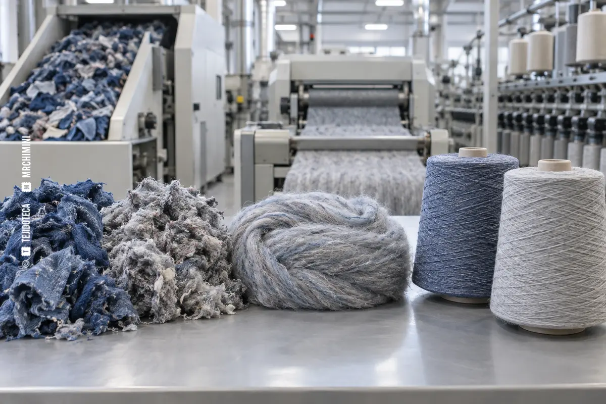Recortes textiles azules y grises convertidos en fibra abierta, mecha y conos de hilo reciclado