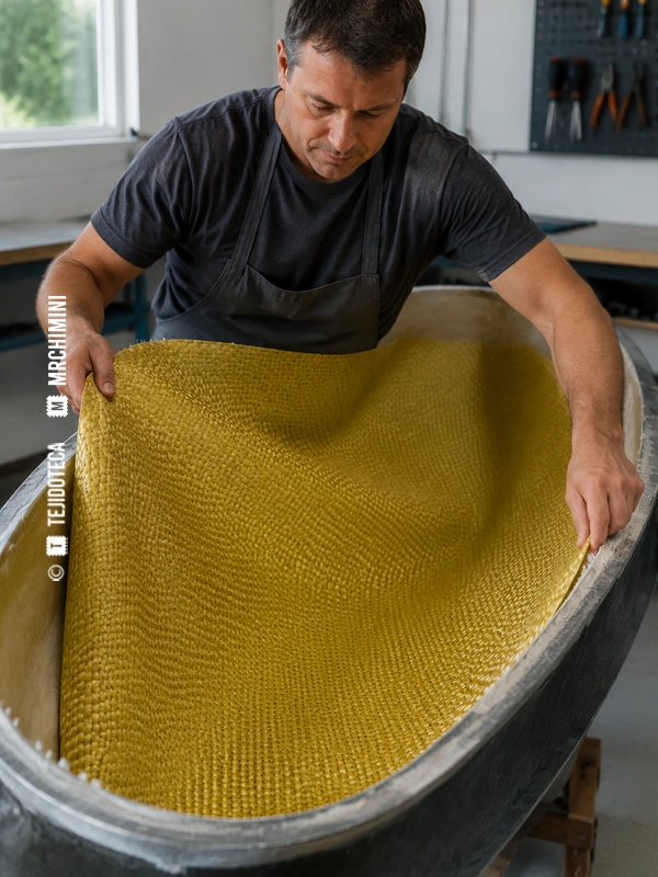 Artesano colocando tejido KEVLAR® amarillo en un molde de composite