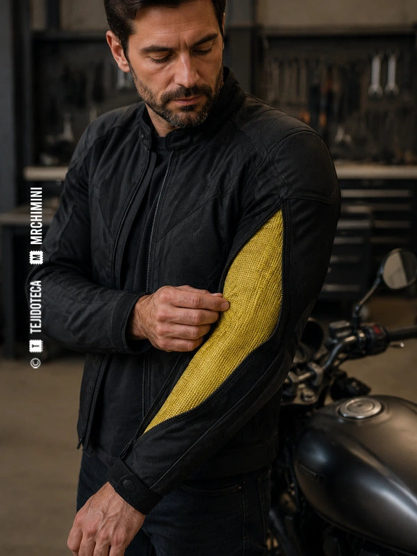 Motorista mostrando el refuerzo interior amarillo de KEVLAR® de una manga