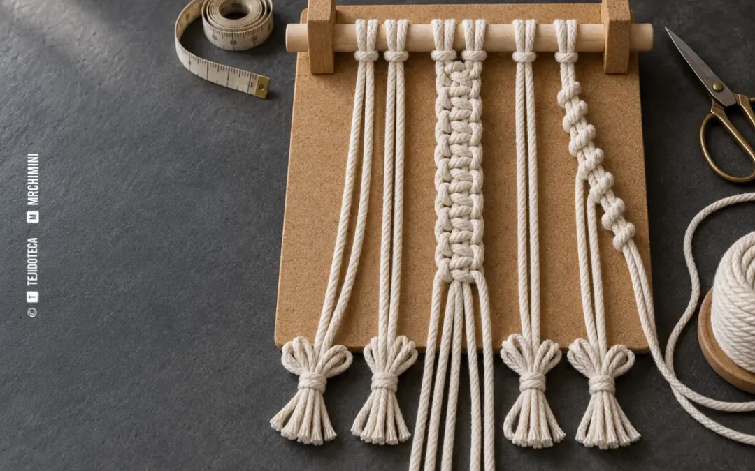 Muestrario decorativo de nudo plano y festón diagonal de macramé — TEJIDOTECA