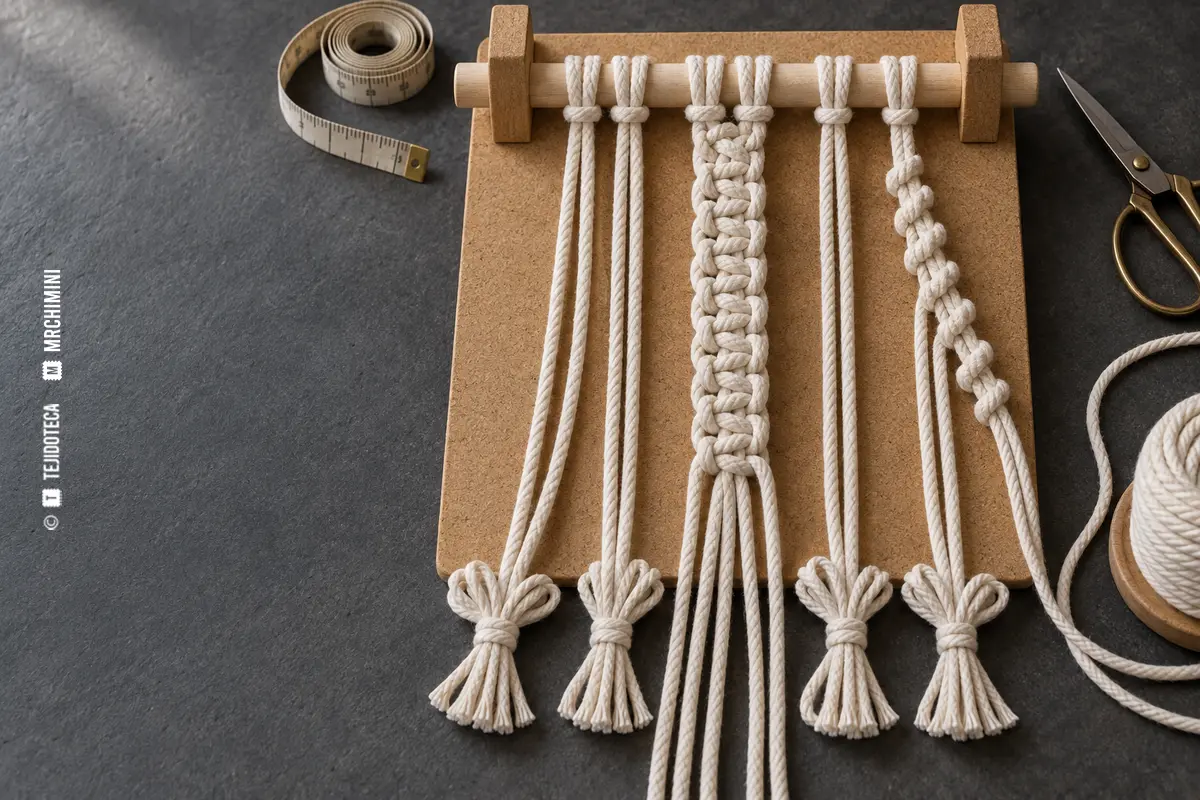 Muestrario decorativo de nudo plano y festón diagonal de macramé — TEJIDOTECA