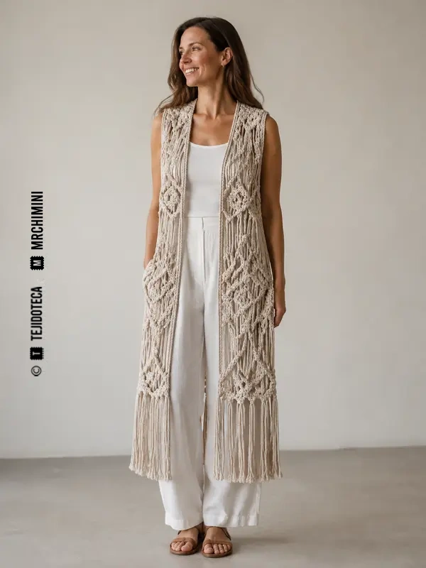 Mujer con chaleco largo de macramé color arena