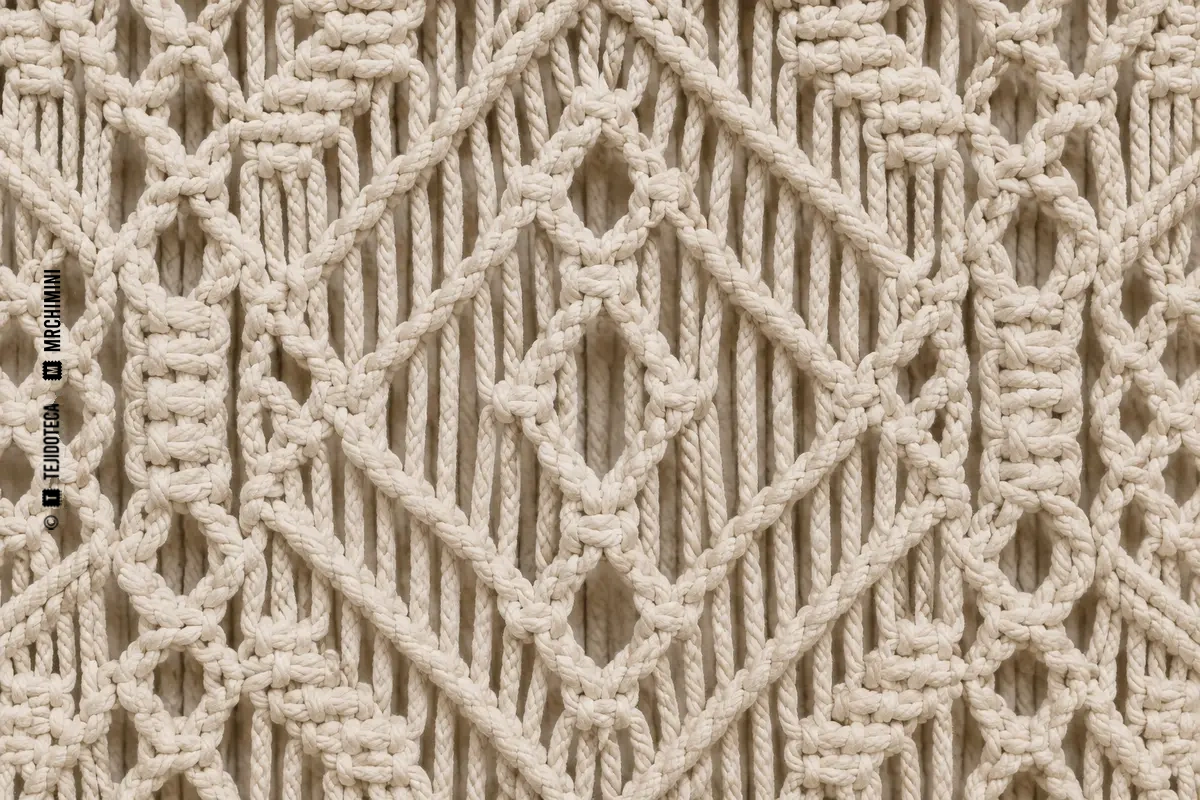 Macro de macramé arena con nudos cuadrados, festones y rombos
