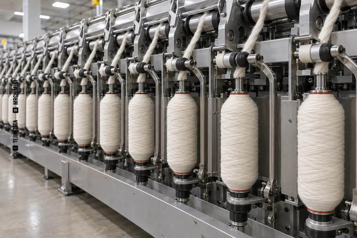 Primer plano de mechas textiles suaves con ligera torsión enrolladas en bobinas de una mechera genérica