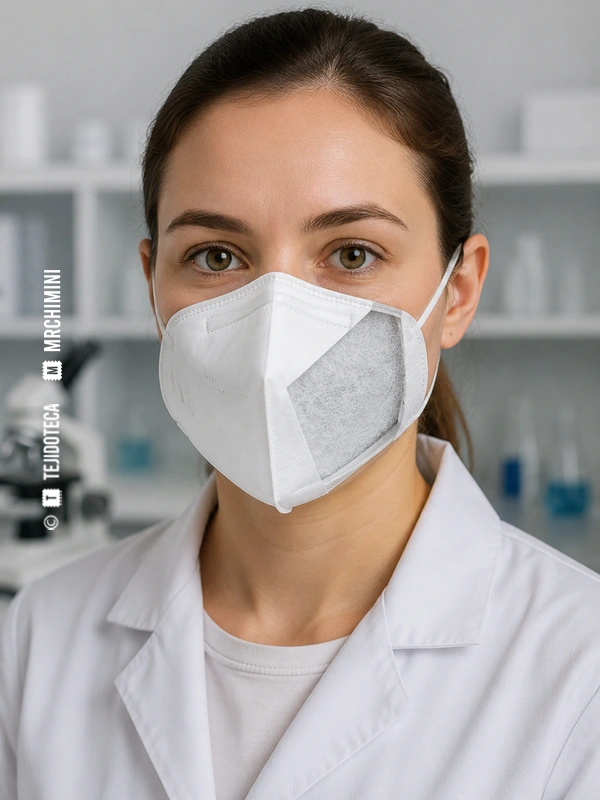 Técnica de laboratorio con respirador y detalle del medio filtrante meltblown