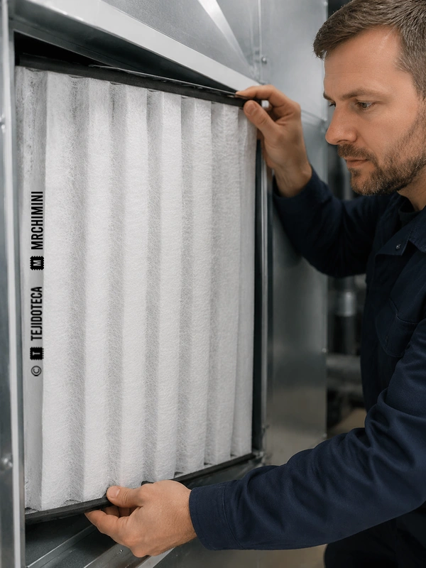 Técnico instalando un filtro de aire con medio meltblown plisado