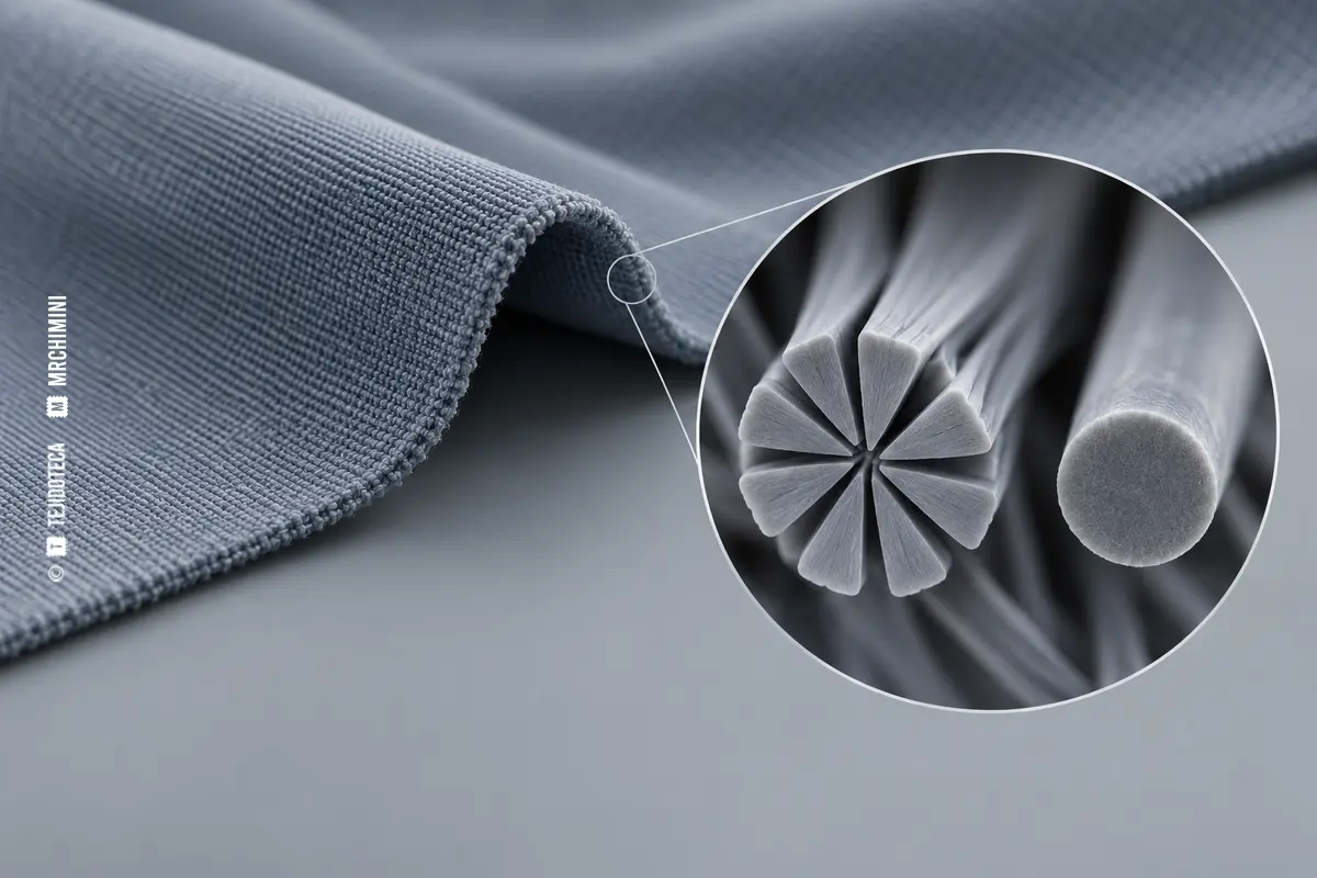 Macro técnico de filamentos textiles ultrafinos y sección de microfibra dividida, sin textos ni marcas
