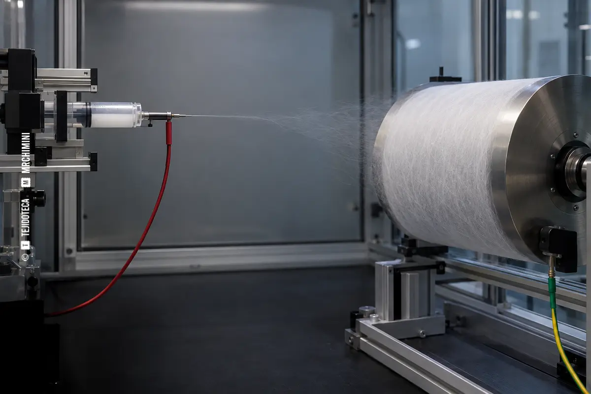 Equipo de electrohilatura formando un velo uniforme de nanofibras sobre un colector, sin textos ni marcas