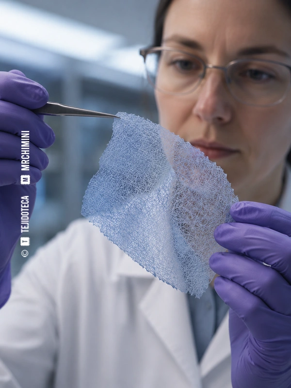 Científica examinando una membrana de nanofibras electrohiladas