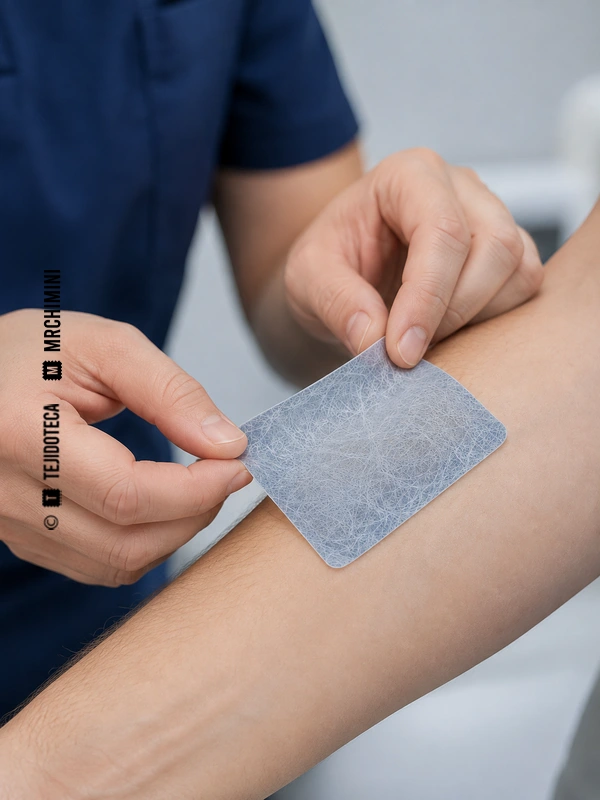 Profesional sanitario aplicando un apósito de nanovelo electrohilado