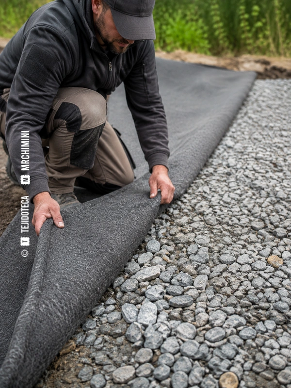 Trabajador colocando un geotextil punzonado bajo una capa de grava
