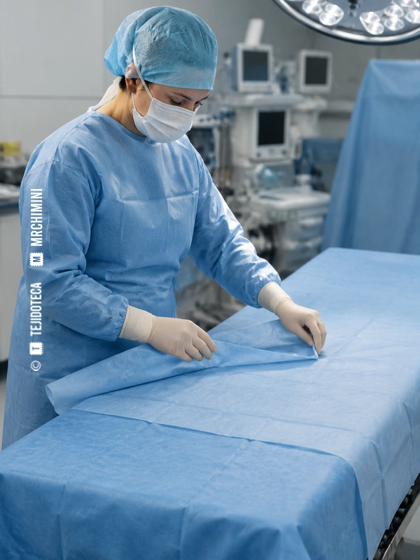 Profesional sanitaria colocando un campo quirúrgico de no tejido SMS