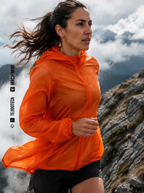 Deportista con cortavientos naranja ultraligero de tejido PERTEX®