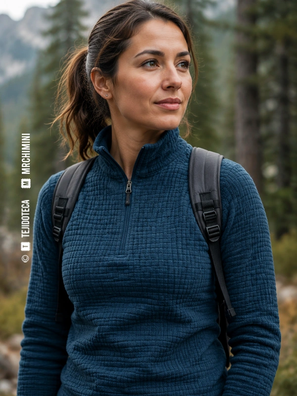 Excursionista con capa intermedia azul petróleo de tejido POLARTEC®