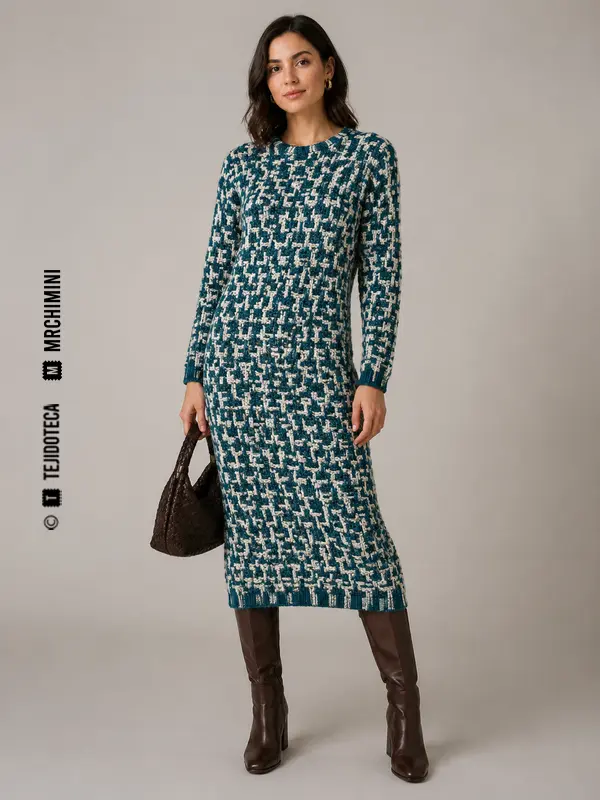 Vestido de punto de malla deslizada verde azulado y marfil