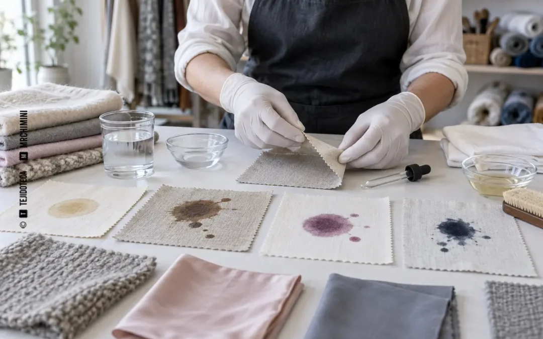 Profesional textil realiza una prueba previa sobre muestras con distintos tipos de manchas — TEJIDOTECA