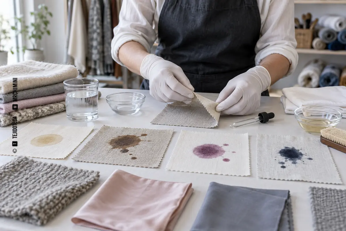 Profesional textil realiza una prueba previa sobre muestras con distintos tipos de manchas — TEJIDOTECA