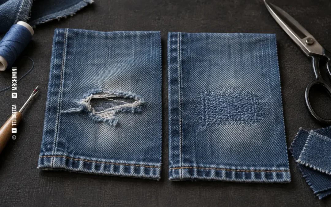 Comparación entre un desgarro de denim y su reparación estructural con zurcido a máquina — TEJIDOTECA