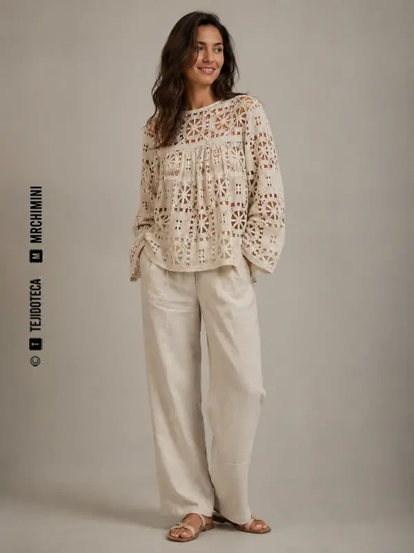 Mujer con blusa de lino y amplios paneles de reticella marfil