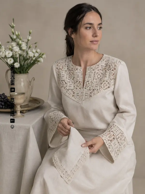 Mujer con vestido, cuello, puños y pañuelo de reticella marfil