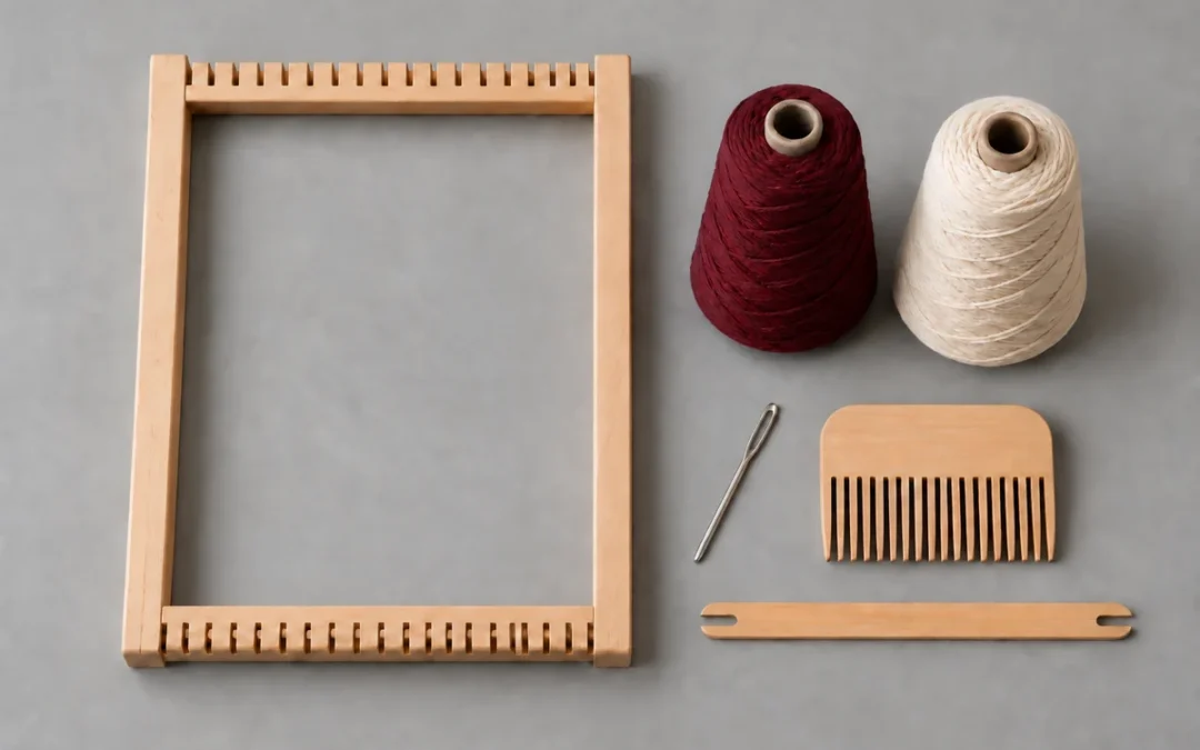 Materiales para aprender sarga en telar de marco: bastidor sin urdir, hilos y herramientas; imagen ilustrativa generada con IA — TEJIDOTECA