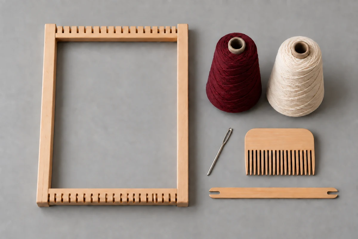 Materiales para aprender sarga en telar de marco: bastidor sin urdir, hilos y herramientas; imagen ilustrativa generada con IA — TEJIDOTECA