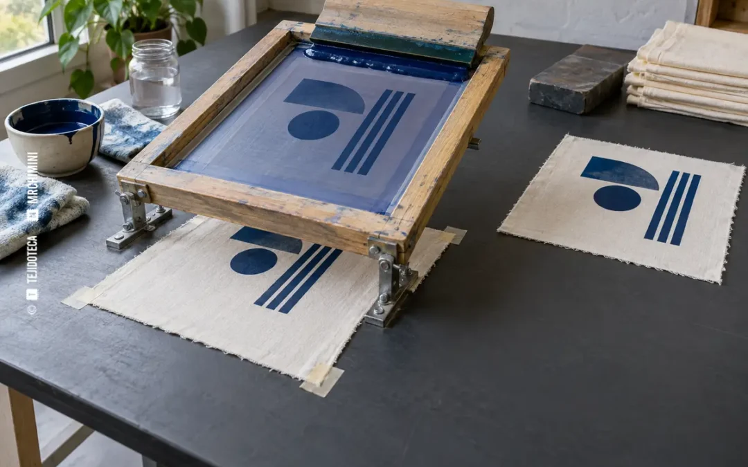 Puesto manual de serigrafía textil con pantalla, rasqueta y muestra impresa — TEJIDOTECA