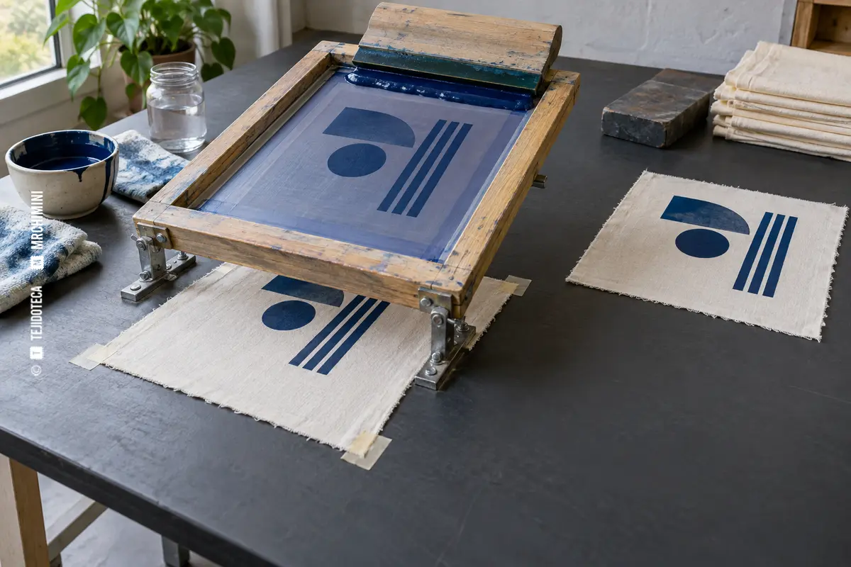 Puesto manual de serigrafía textil con pantalla, rasqueta y muestra impresa — TEJIDOTECA