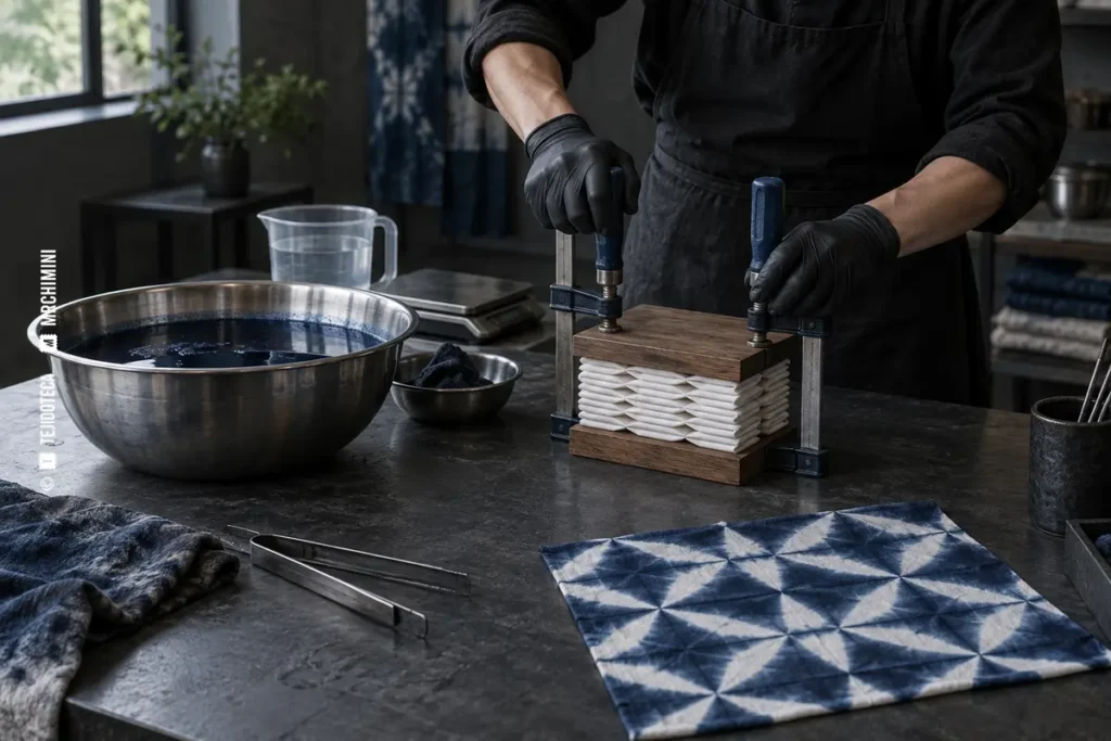 Itajime shibori por plegado y compresión sobre algodón — TEJIDOTECA