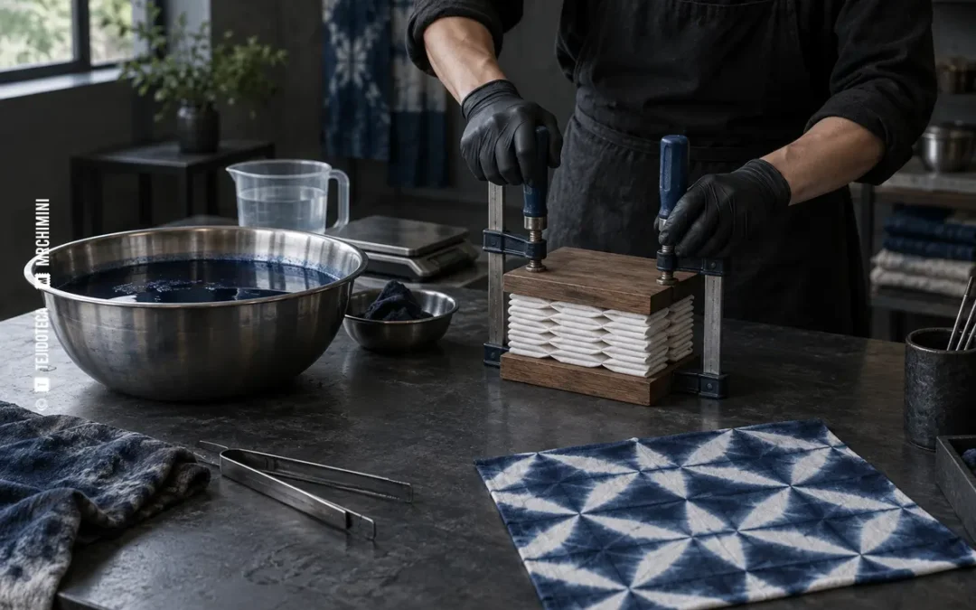 Itajime shibori por plegado y compresión sobre algodón — TEJIDOTECA