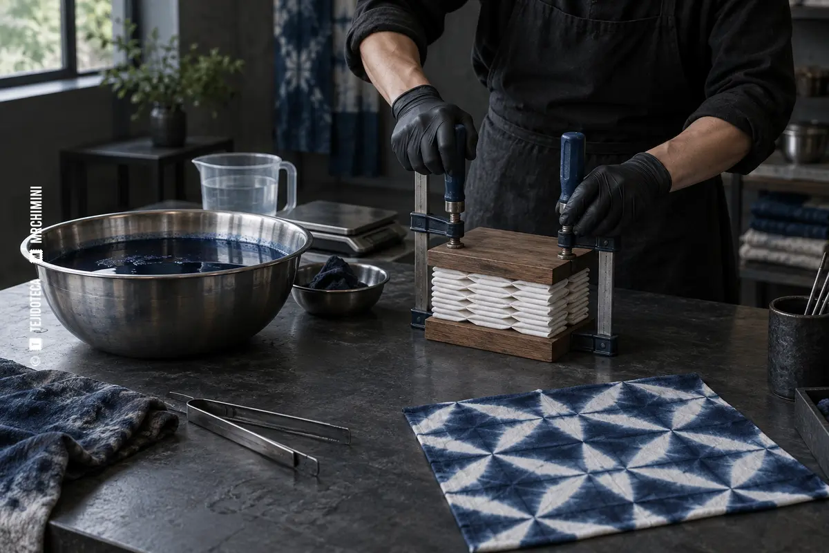 Itajime shibori por plegado y compresión sobre algodón — TEJIDOTECA