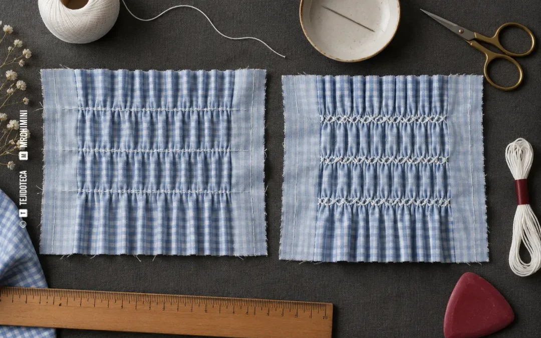 Preparación de pliegues y muestra de smock inglés con punto cable — TEJIDOTECA