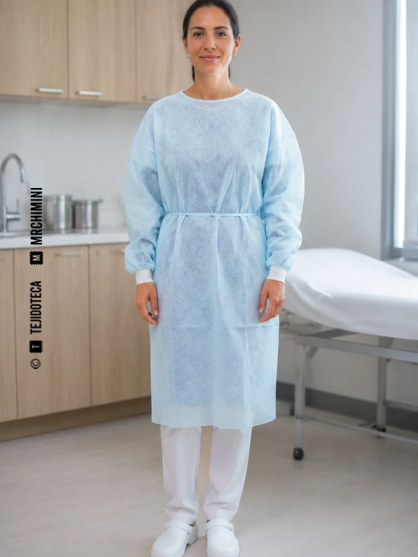 Profesional sanitaria con bata desechable de spunbond azul claro