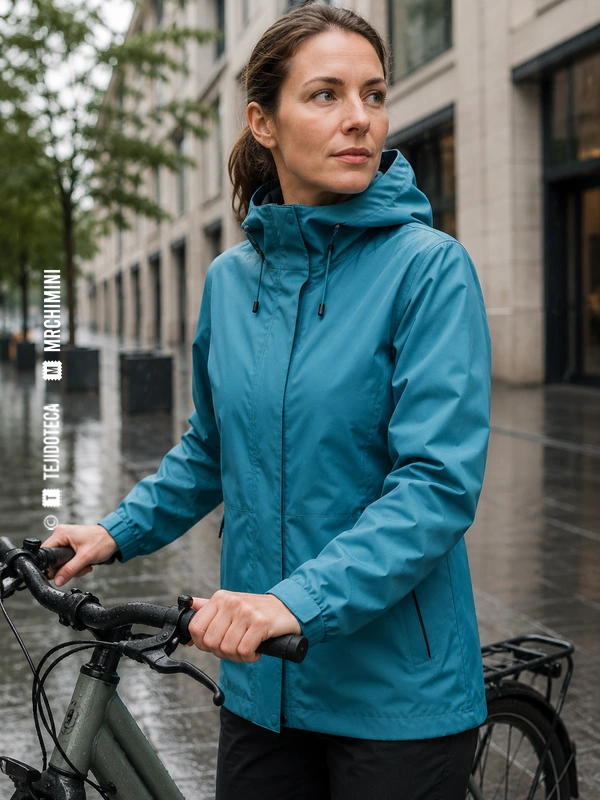 Ciclista urbana con parka impermeable turquesa de laminado SYMPATEX®