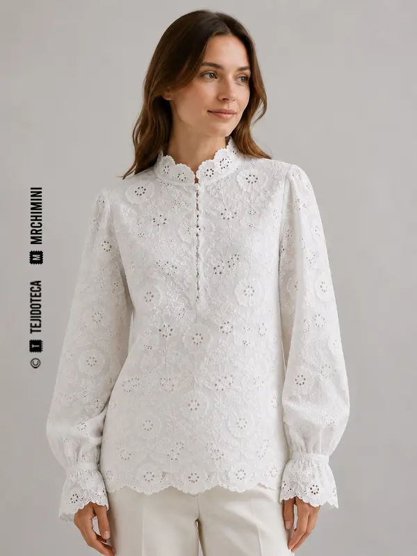 Blusa confeccionada en bordado suizo blanco
