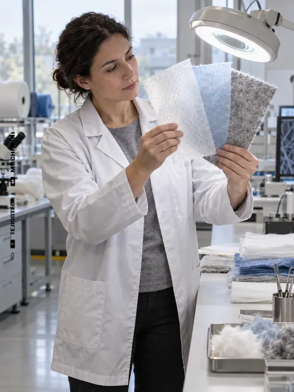Ingeniera textil comparando muestras de no tejido en un laboratorio