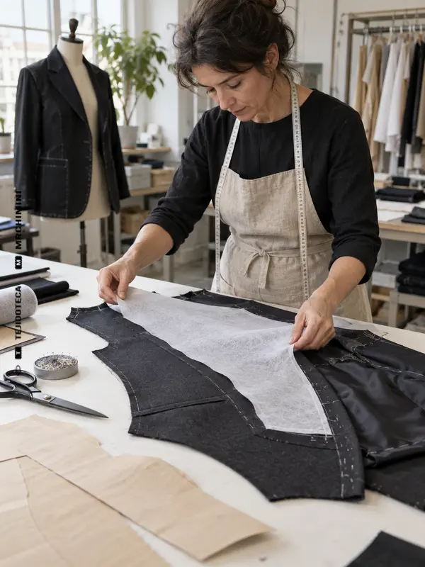 Patronista colocando una entretela no tejida en una chaqueta
