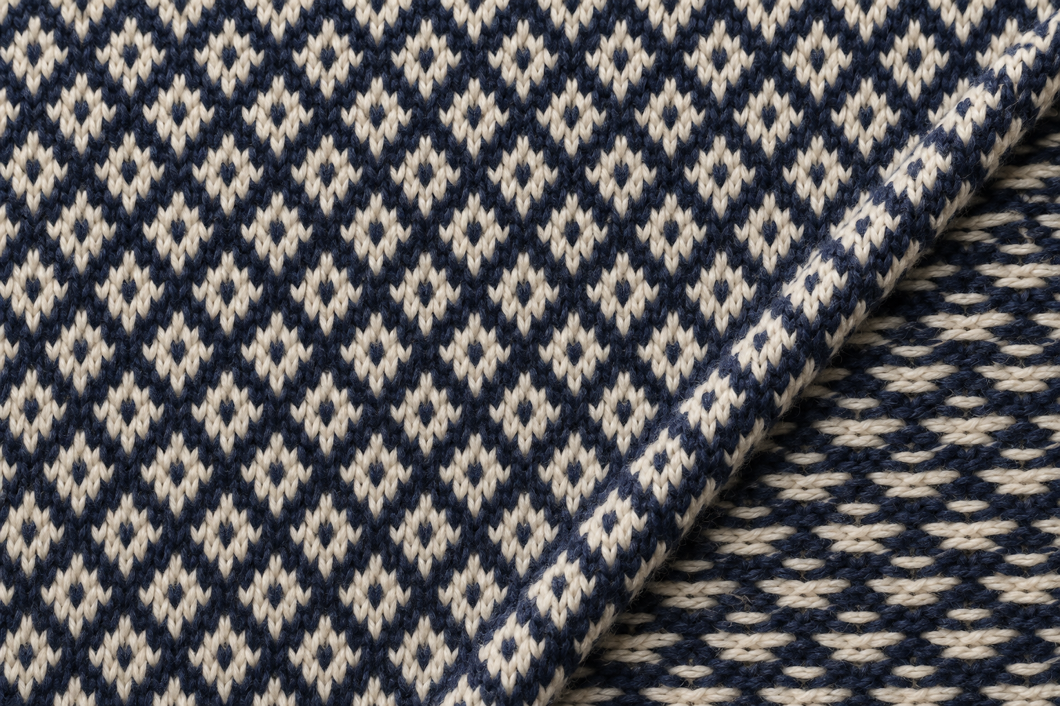 Recreación de jacquard de punto azul y crema con mallas visibles y un reverso con flotantes