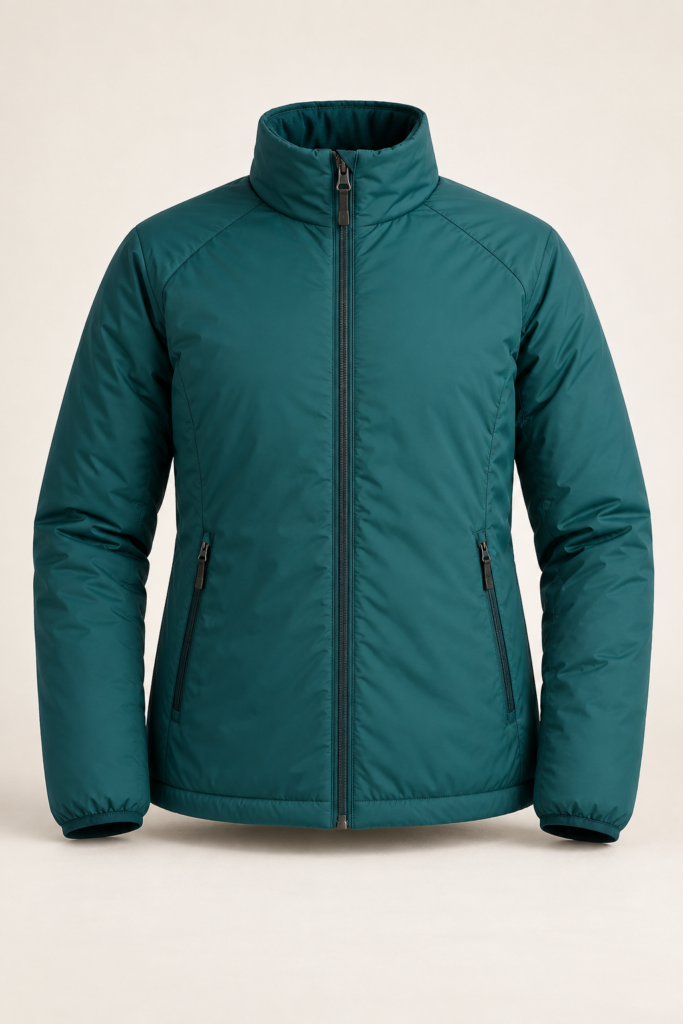 Chaqueta aislante verde azulada de superficie lisa, recreación ilustrativa