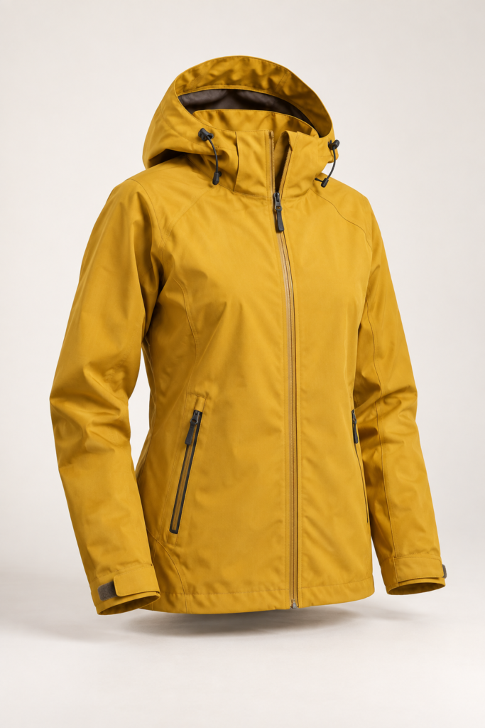 Chaqueta mostaza para senderismo bajo lluvia, recreación ilustrativa