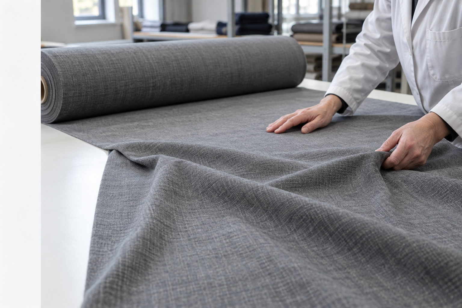 Inspección de un tejido de lana gris extendido sobre una mesa.