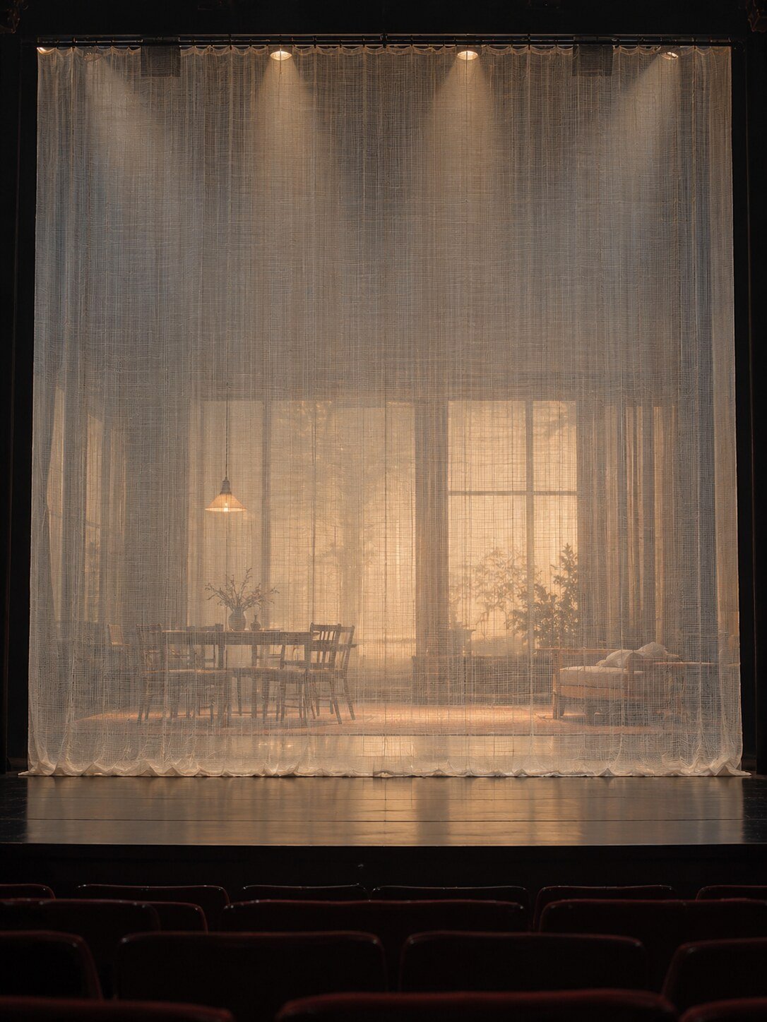 Ejemplo ilustrativo de scrim empleado como telón en una escena teatral