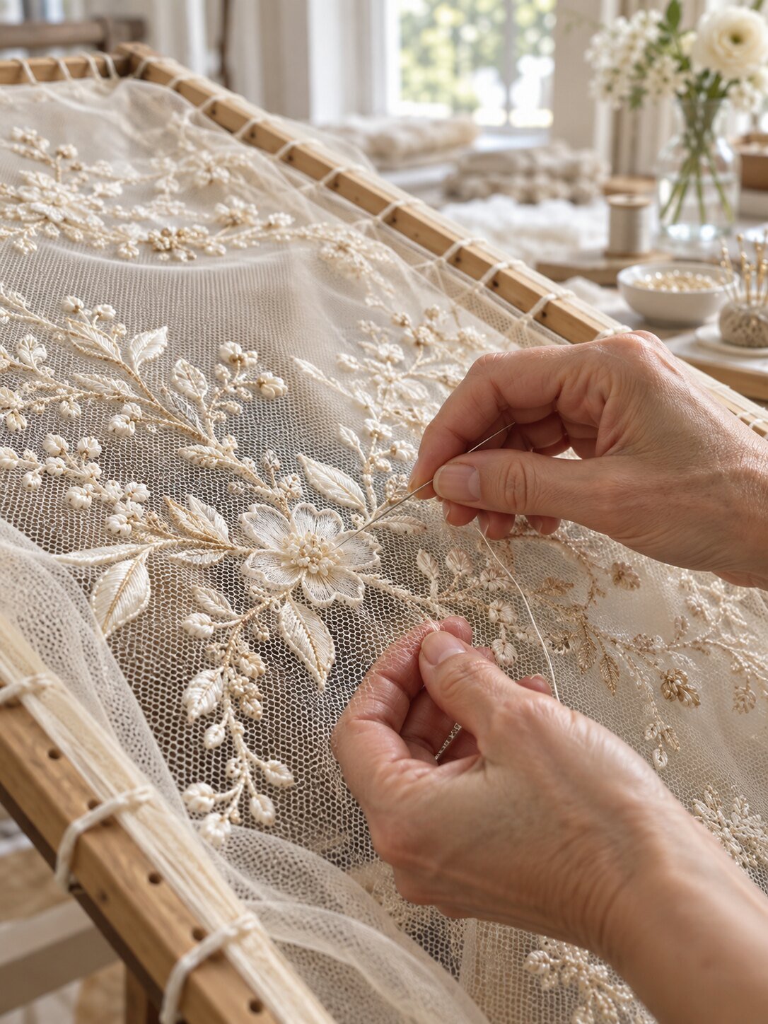 Bordadora trabajando un motivo floral sobre base transparente de bobineta