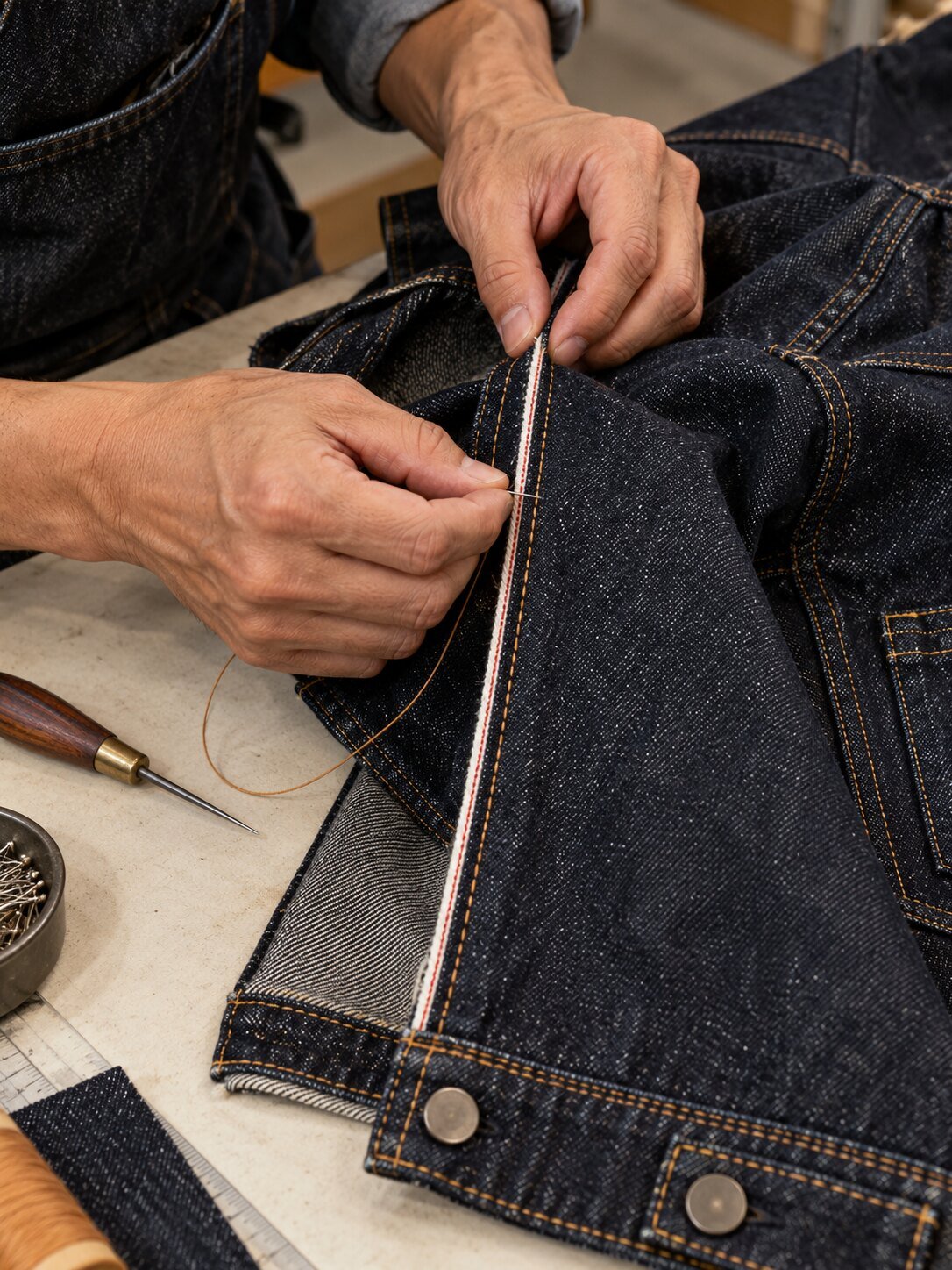 Detalle de confección de una cazadora de denim selvedge sobre mesa de sastre