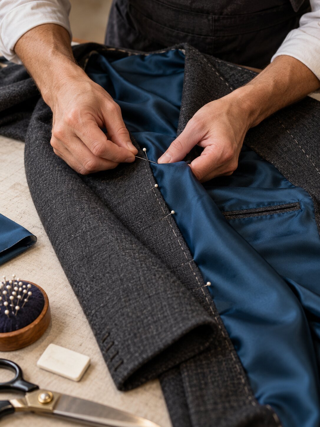 Manos de sastre montando el forro de una chaqueta sobre una mesa de trabajo
