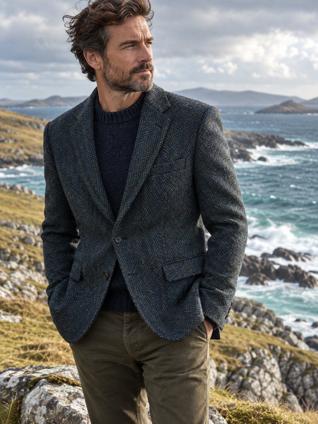 Hombre con chaqueta de Harris Tweed en un paisaje de las Hébridas Exteriores