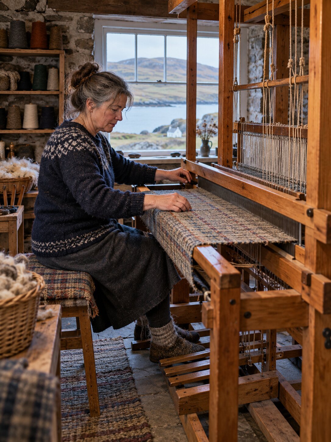 Tejedor trabajando paño de lana en un telar doméstico tradicional