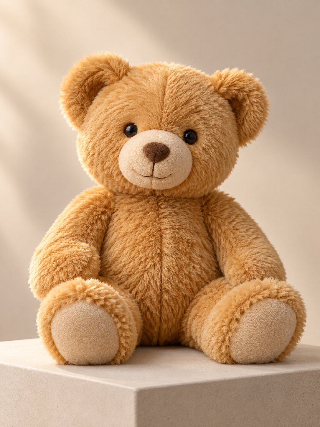 Juguete textil de oso confeccionado en peluche color miel sobre fondo de estudio