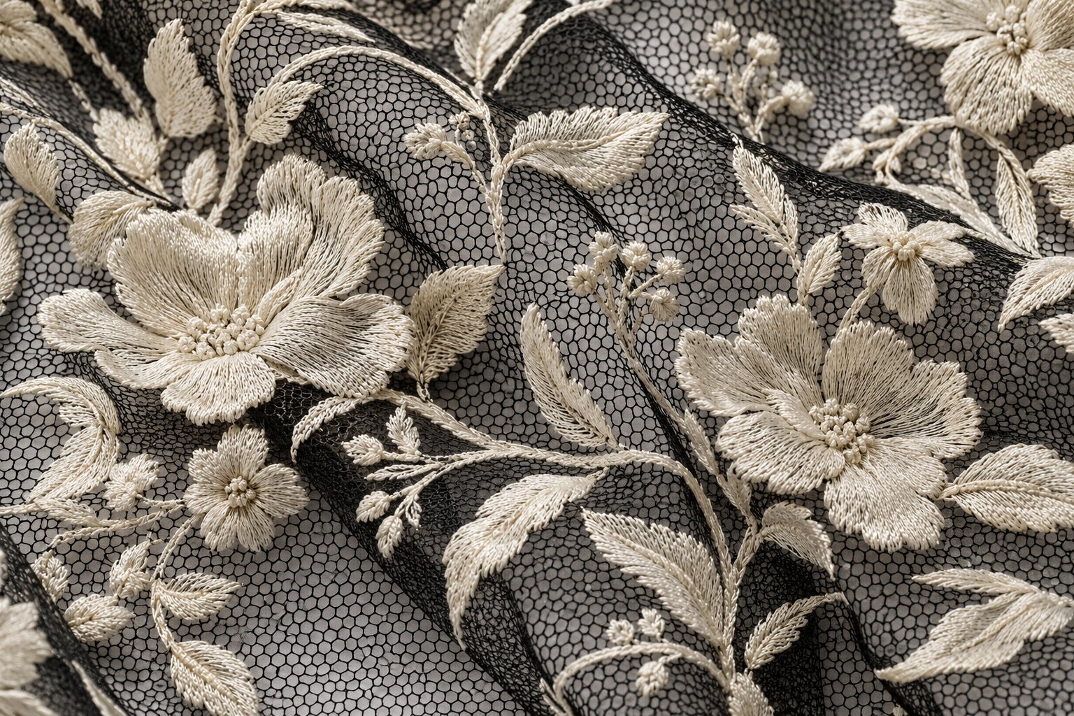Detalle de tul negro bordado con motivos florales y puntadas color marfil