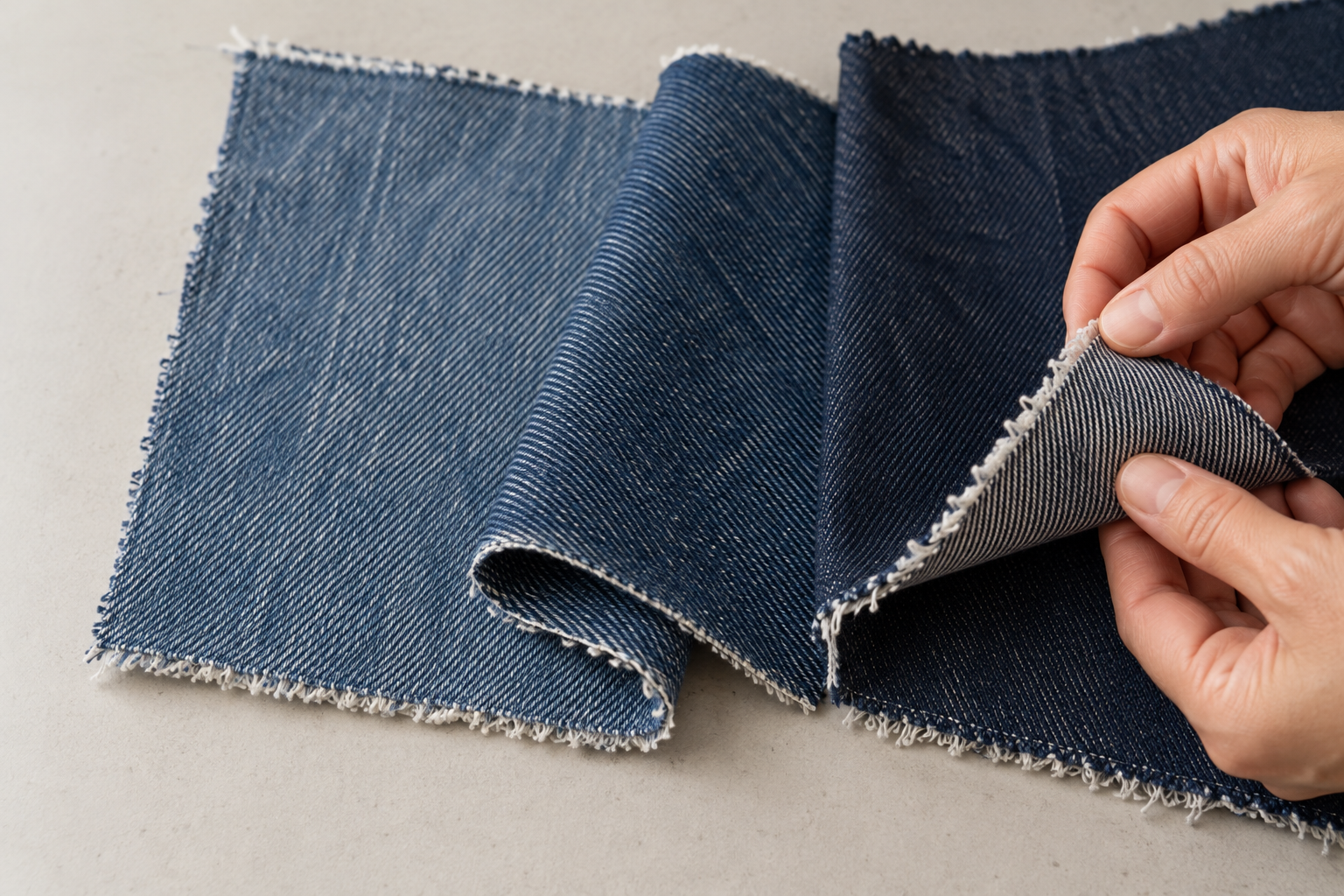 Muestras de denim azul con la sarga y el revés visibles.
